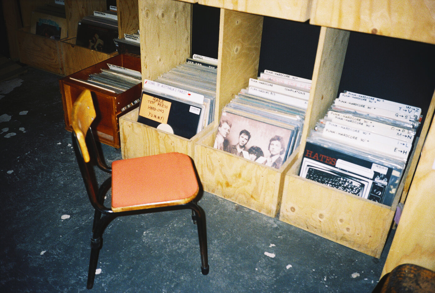 A chair and a crate of records at 72records — a quiet corner of the shop